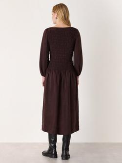 Whistles Shirred Long Sleeve Midi Dress, Brown - view 2, Brown