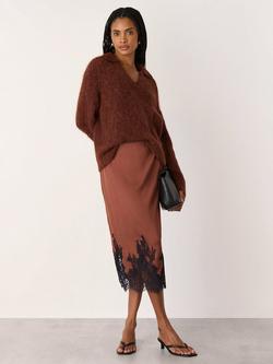 Whistles Lace Hem Satin Midi Skirt, Brown/Multi