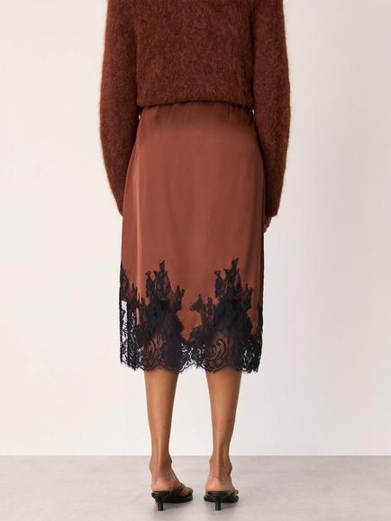 Whistles Lace Hem Satin Midi Skirt - view 2, Brown/Multi