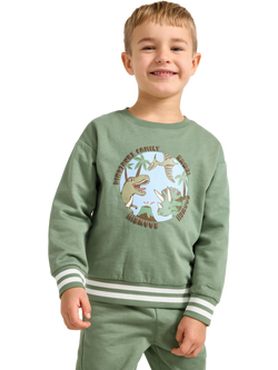 Lindex Kids' Pure Cotton Dinosaur Sweatshirt, Light Khaki, Light Khaki