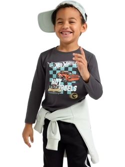Lindex Kids' Cotton Long Sleeved Hot Wheels Top, Dark Dusty Grey, Dark Dusty Grey