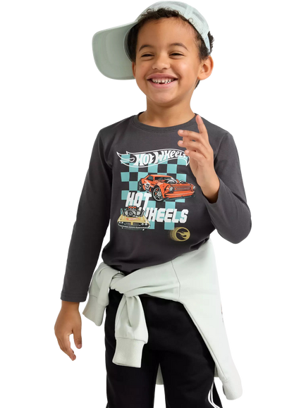 Lindex Kids' Cotton Long Sleeved Hot Wheels Top, Dark Dusty Grey, Dark Dusty Grey