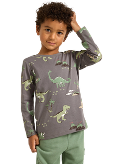 Lindex Kids' Cotton Long Sleeved Dinosaur T-Shirt, Grey, Grey