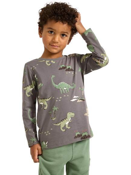 Lindex Kids' Cotton Long Sleeved Dinosaur T-Shirt, Grey, Grey