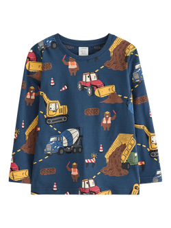 Lindex Kids' Long Sleeve Construction Print Top, Dark Blue