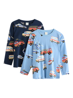 Lindex Kids' Long Sleeve Printed Top, Pack of 2, Dark Blue, Dark Blue