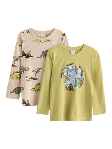 Lindex Kids' Long Sleeve Dinosaur Print Top, Pack of 2, Light Dusty Green, Light Dusty Green
