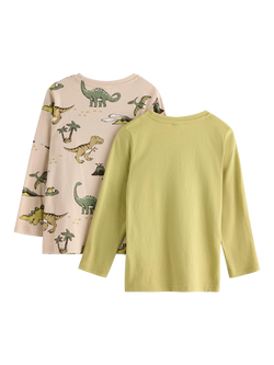 Lindex Kids' Long Sleeve Dinosaur Print Top, Pack of 2, Light Dusty Green - view 2, Light Dusty Green