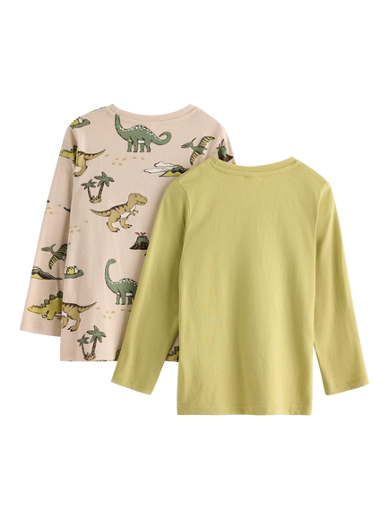 Lindex Kids' Long Sleeve Dinosaur Print Top, Pack of 2, Light Dusty Green - view 2, Light Dusty Green