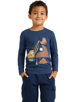 Lindex Kids' Digger Print Long Sleeve Top, Dark Blue, Dark Blue