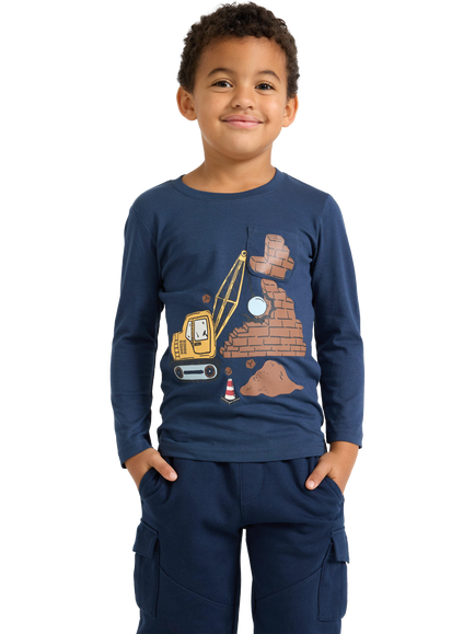 Lindex Kids' Digger Print Long Sleeve Top, Dark Blue, Dark Blue