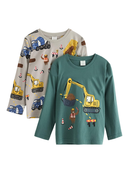 Lindex Kids' Cotton Long Sleeved Construction Print Top, Pack of 2, Dark Dusty Green, Dark Dusty Green