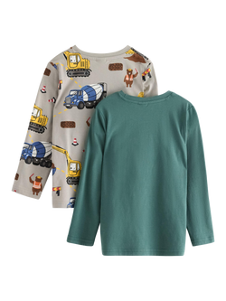 Lindex Kids' Cotton Long Sleeved Construction Print Top, Pack of 2, Dark Dusty Green - view 2, Dark Dusty Green