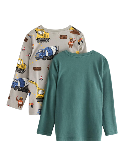 Lindex Kids' Cotton Long Sleeved Construction Print Top, Pack of 2, Dark Dusty Green - view 2, Dark Dusty Green