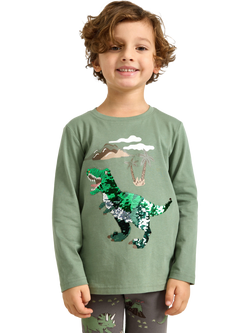 Lindex Kids' Cotton Long Sleeved Sequin Dinosaur Top, Light Khaki, Light Khaki