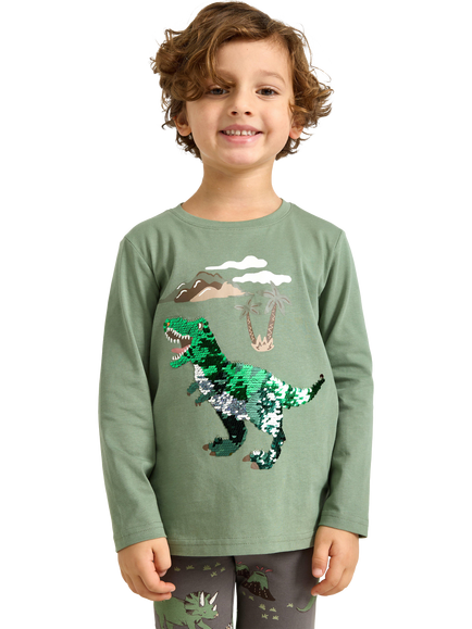 Lindex Kids' Cotton Long Sleeved Sequin Dinosaur Top, Light Khaki, Light Khaki