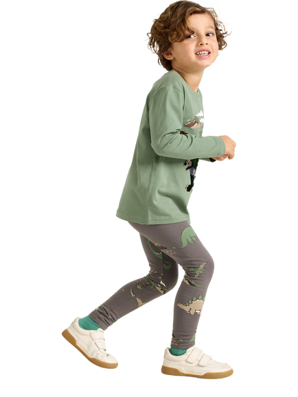 Lindex Kids' Cotton Rich Dinosaur Print Leggings, Grey, Grey