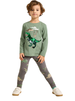 Lindex Kids' Cotton Rich Dinosaur Print Leggings, Grey - view 2, Grey