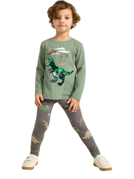 Lindex Kids' Cotton Rich Dinosaur Print Leggings, Grey - view 2, Grey