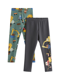 Lindex Kids' Cotton Blend Printed Leggings, Pack of 2, Dark Dusty Green, Dark Dusty Green