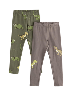 Lindex Kids' Dinosaur Leggings, Pack of 2, Light Dusty Khaki, Light Dusty Khaki