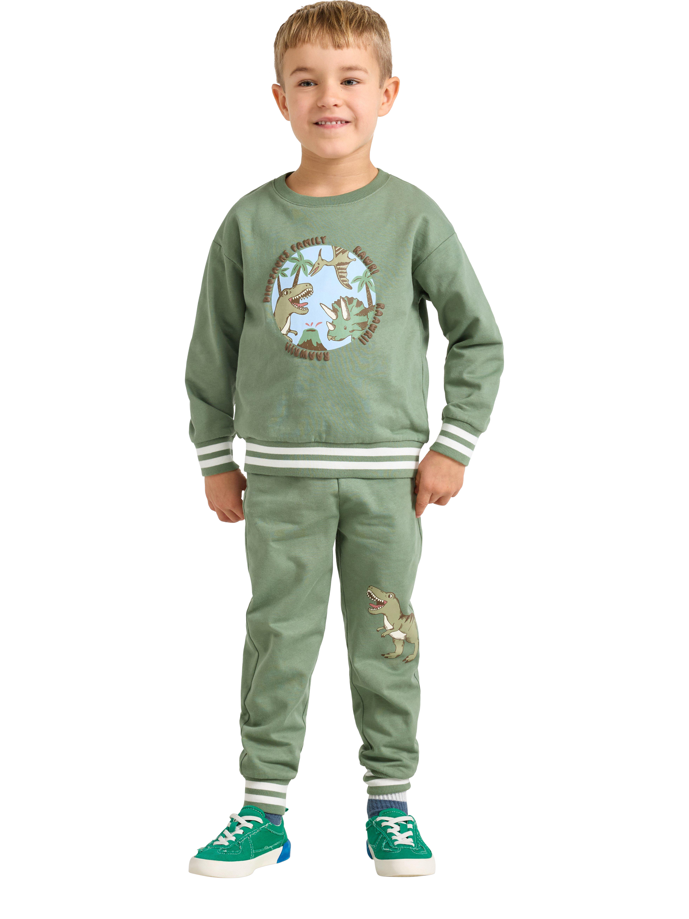 Product image 1 of 6, which shows Lindex Kids' Cotton Dinosaur Joggers, Light Khaki, 2-3 years