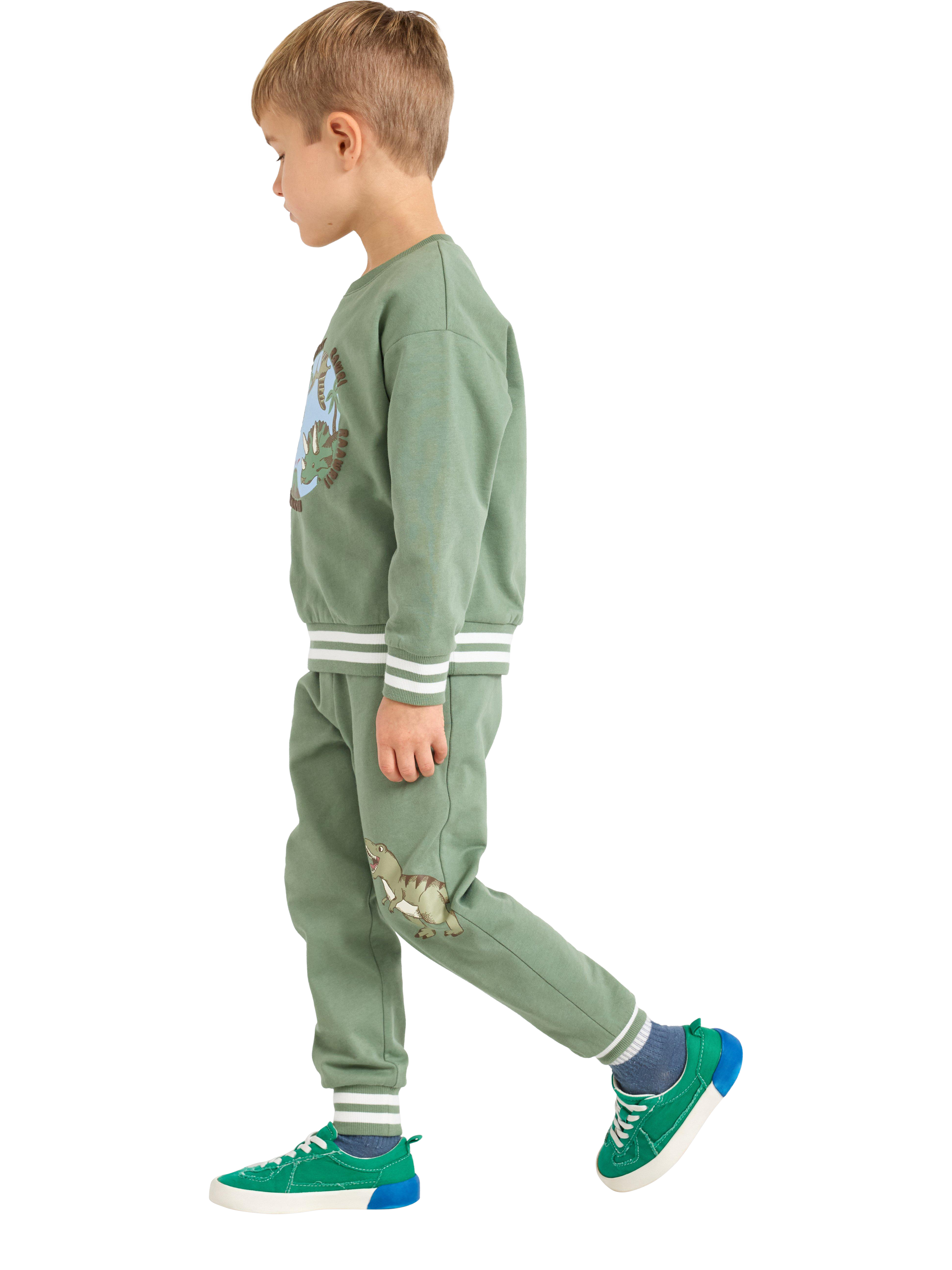 Product image 2 of 6, which shows Lindex Kids' Cotton Dinosaur Joggers, Light Khaki, 2-3 years