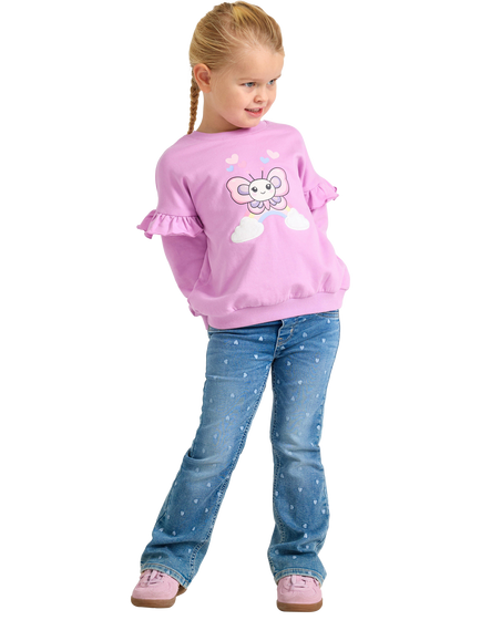 Lindex Kids' Cotton Rich Frill Sleeve Motif Sweatshirt, Light Lilac - view 2, Light Lilac