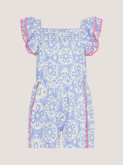 Monsoon Kids' Batik Floral Frill Sleeves Playsuit, Blue/Multi