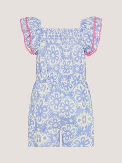 Monsoon Kids' Batik Floral Frill Sleeves Playsuit - view 2, Blue/Multi