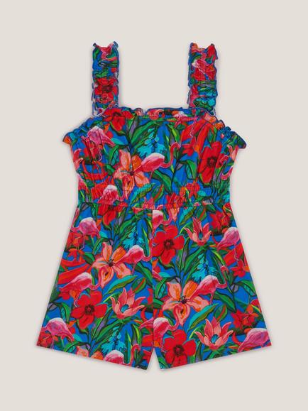 Monsoon Kids' Cotton Tropical Print Playsuit, Blue/Multi, Blue/Multi