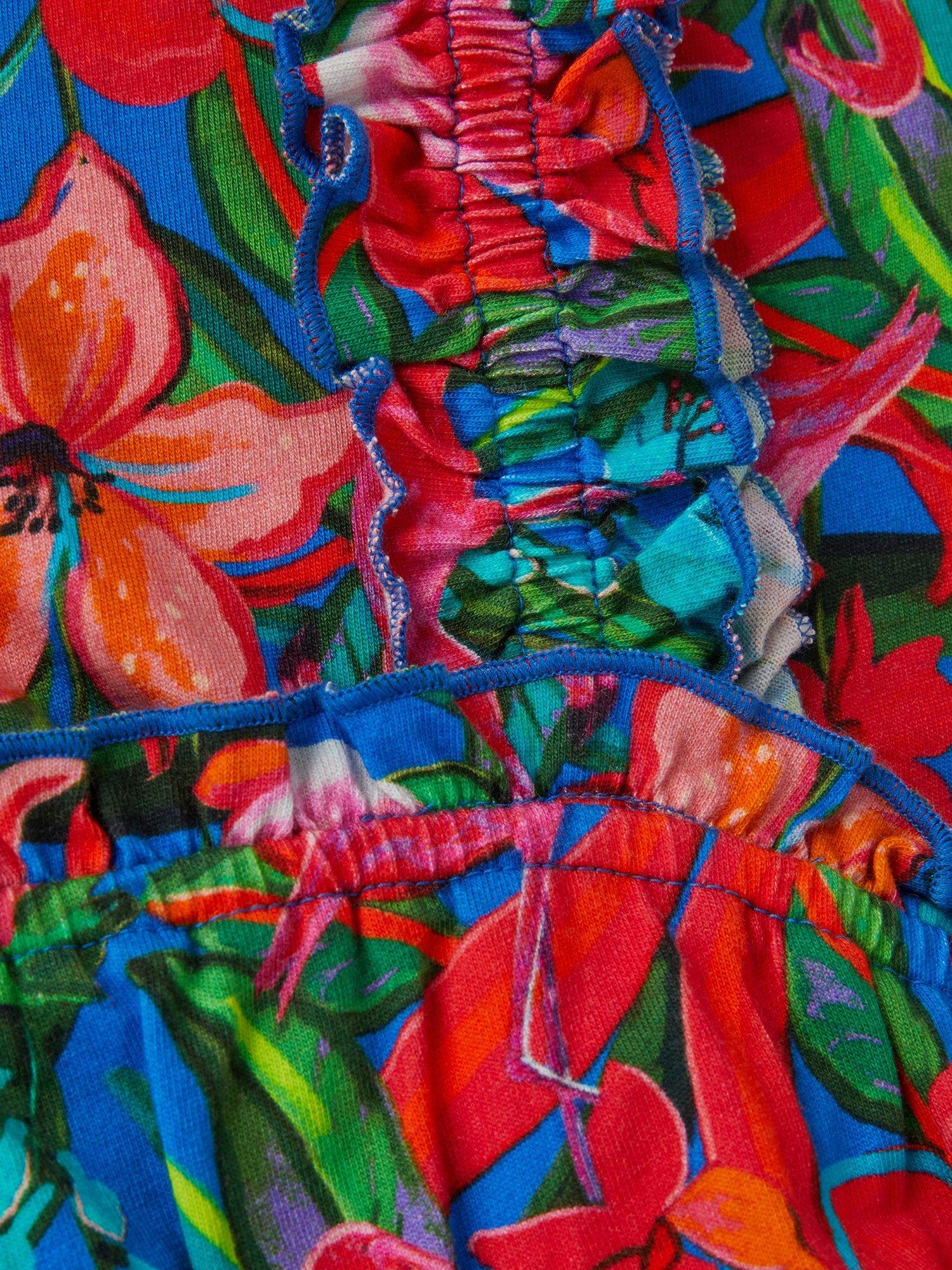 Product image 2 of 3, which shows Monsoon Kids' Cotton Tropical Print Playsuit, Blue/Multi, 3-4 years