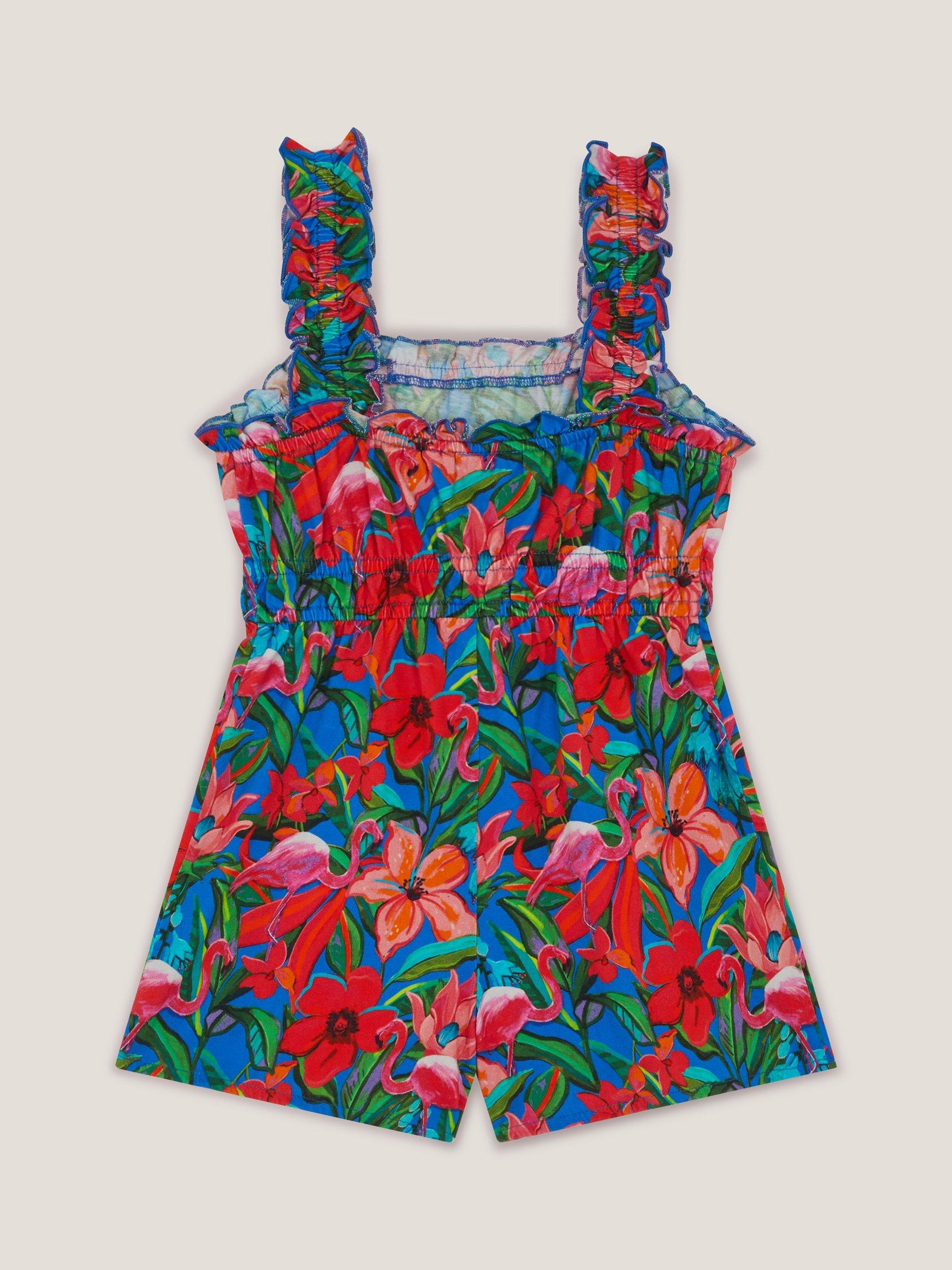 Product image 3 of 3, which shows Monsoon Kids' Cotton Tropical Print Playsuit, Blue/Multi, 3-4 years
