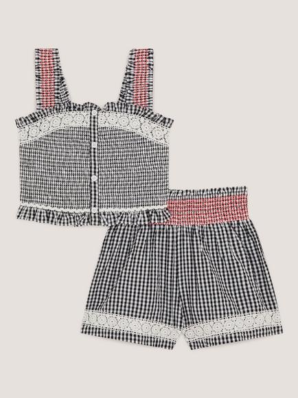 Monsoon Kids' Gingham Shirred Top and Shorts Set, Black - view 2, Black