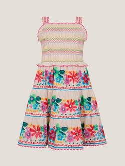 Monsoon Kids' Floral Print Shirred Dress, White/Multi, White/Multi