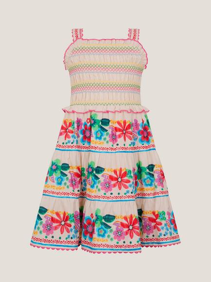 Monsoon Kids' Floral Print Shirred Dress, White/Multi, White/Multi