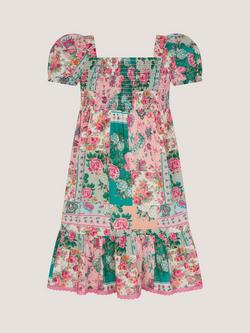 Monsoon Kids' Floral Patchwork Shirred Dress, Green/Multi, Green/Multi