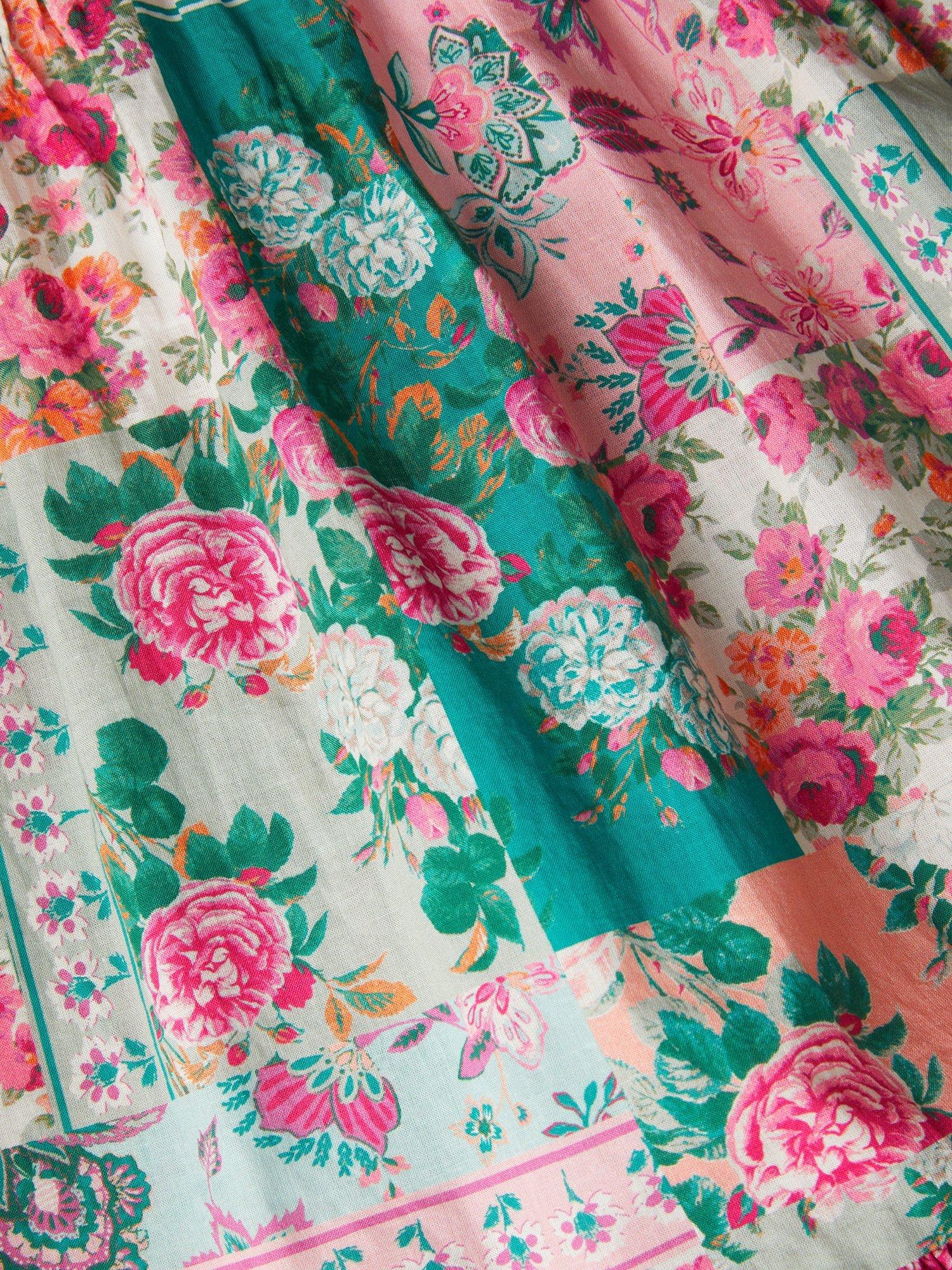 Product image 2 of 3, which shows Monsoon Kids' Floral Patchwork Shirred Dress, Green/Multi, 3-4 years