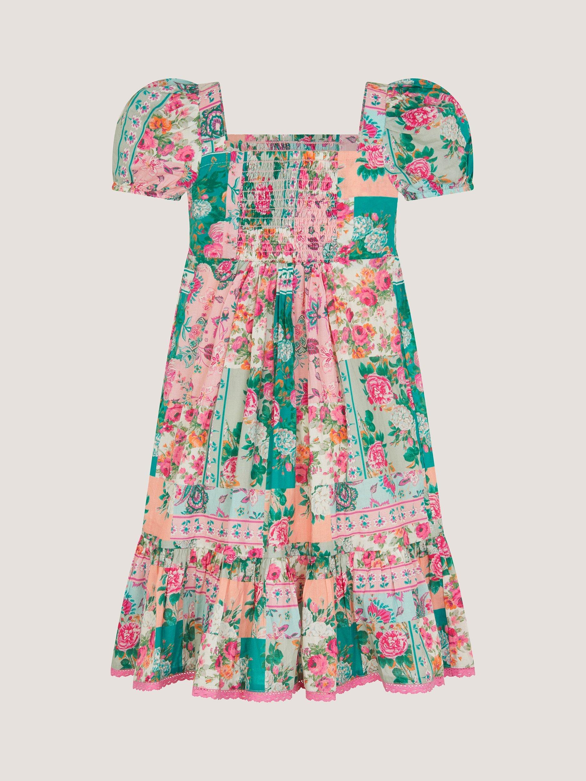 Product image 3 of 3, which shows Monsoon Kids' Floral Patchwork Shirred Dress, Green/Multi, 3-4 years