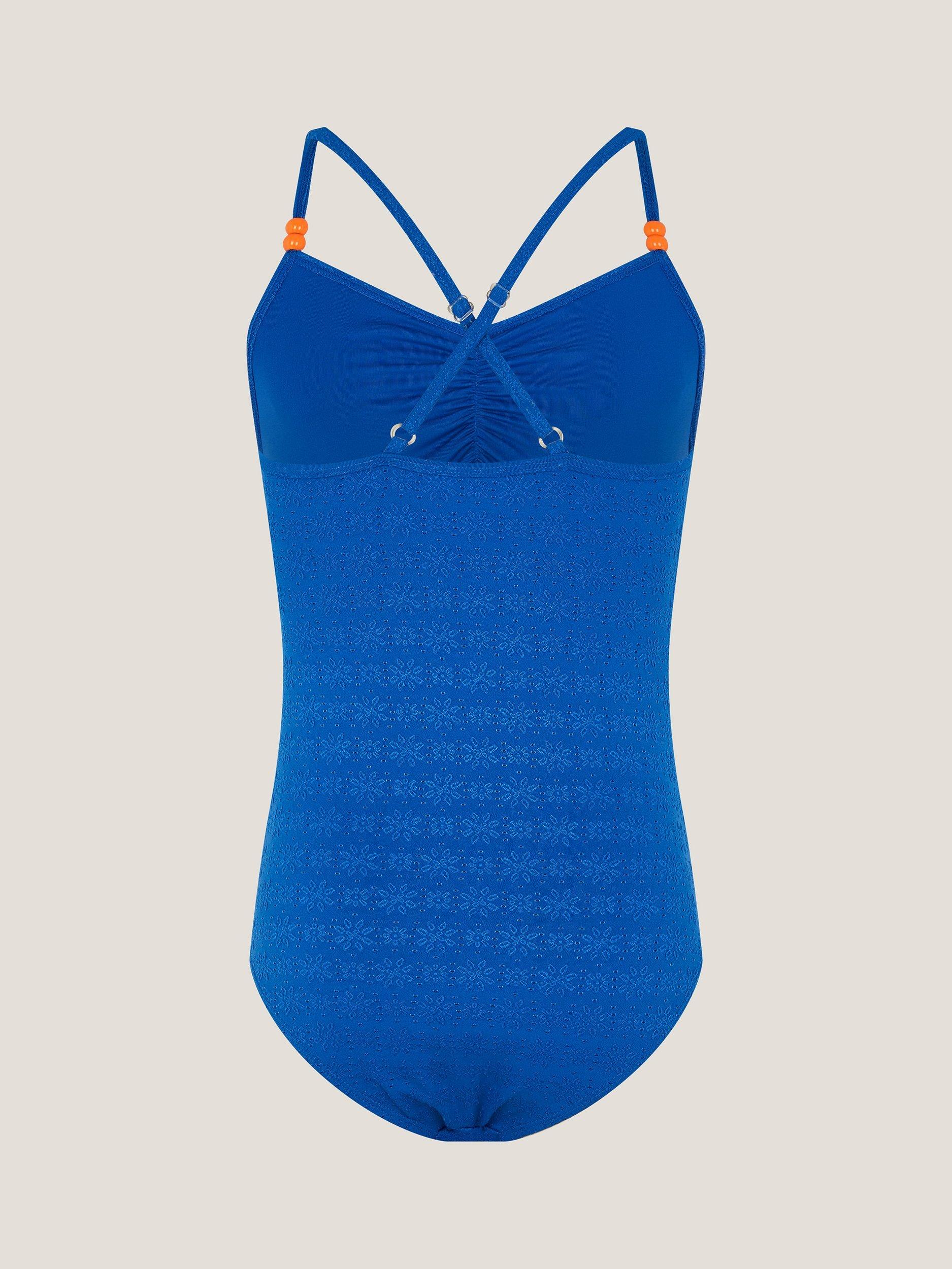 Product image 2 of 3, which shows Monsoon Kids' Broderie Swimsuit, Blue, 7-8 years