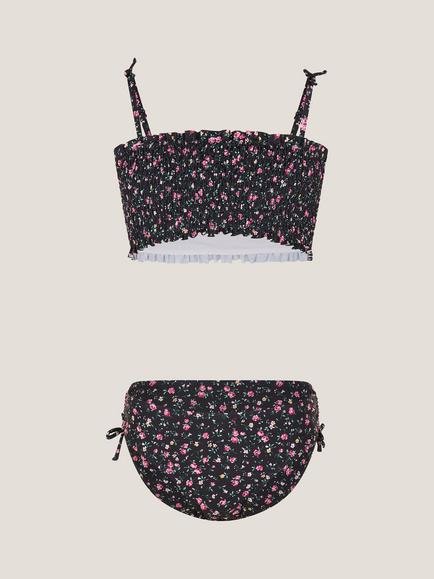 Monsoon Kids' Ditsy Shirred Bikini Set, Black, Black