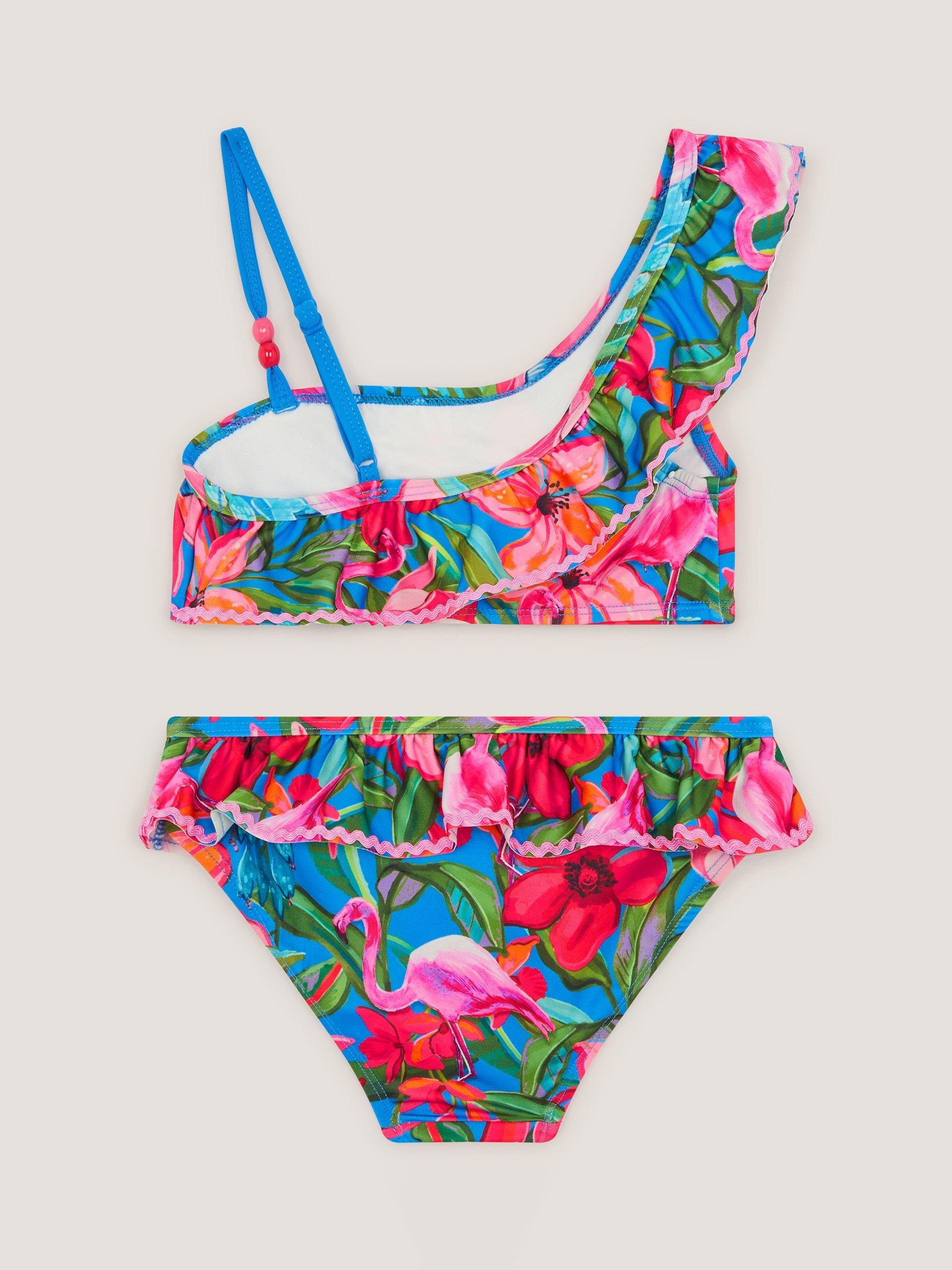 Product image 3 of 3, which shows Monsoon Kids' Flamingo Asymmetric Bikini, Blue, 3-4 years