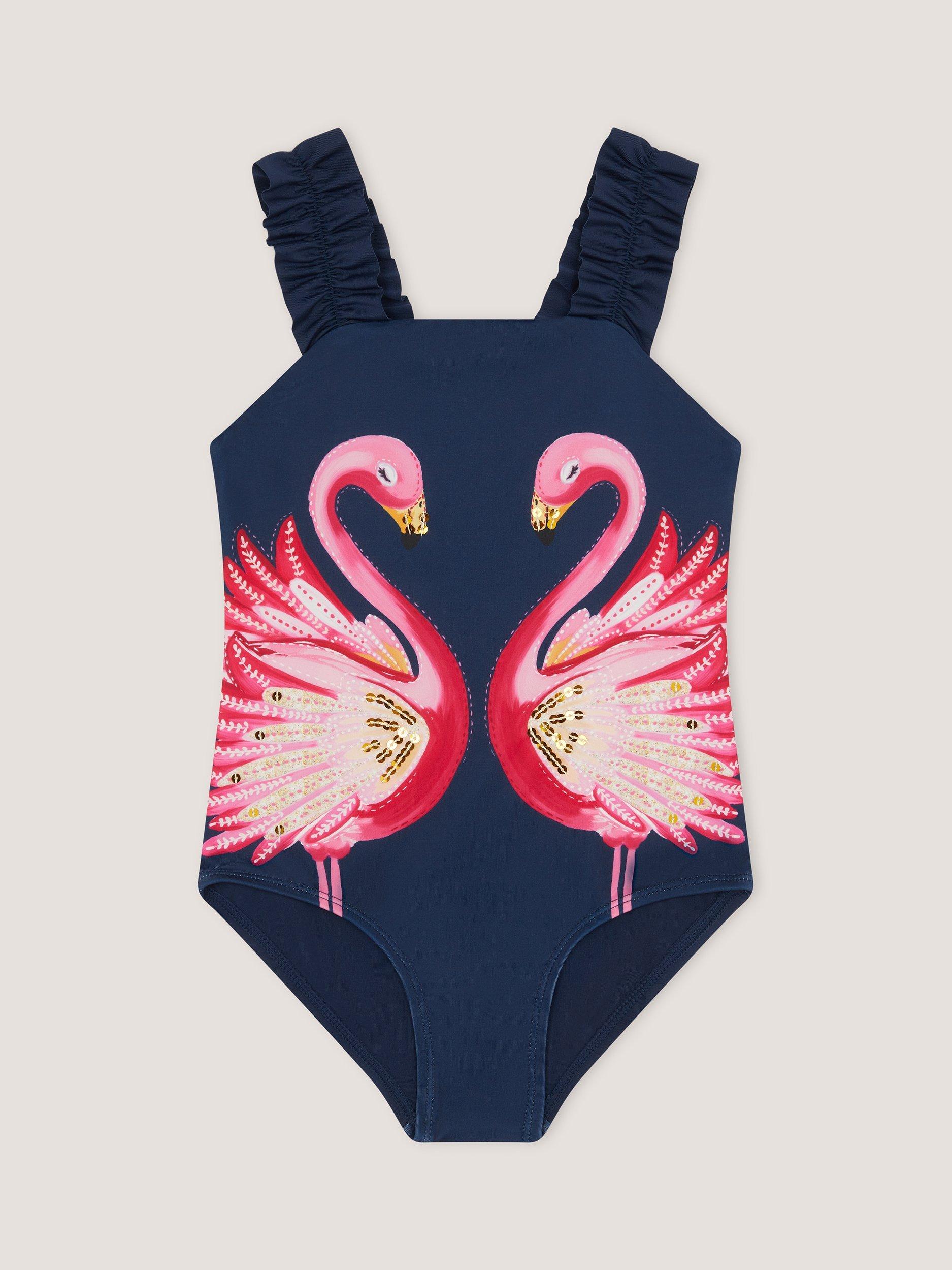 Product image 1 of 3, which shows Monsoon Kids' Flamingo Swimsuit, Navy, 3-4 years