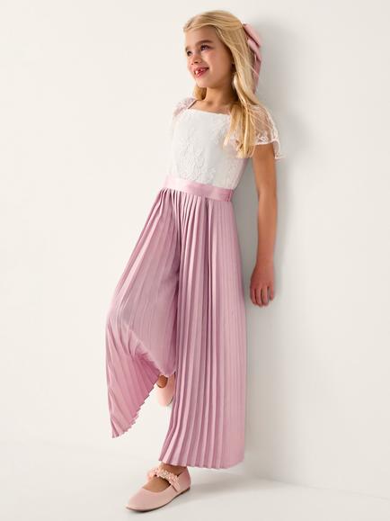 Monsoon Kids' Lace Pleated Jumpsuit, Pink/White, Pink/White