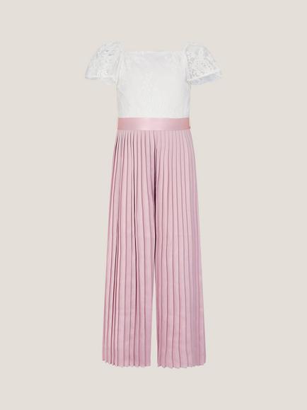 Monsoon Kids' Lace Pleated Jumpsuit, Pink/White - view 2, Pink/White