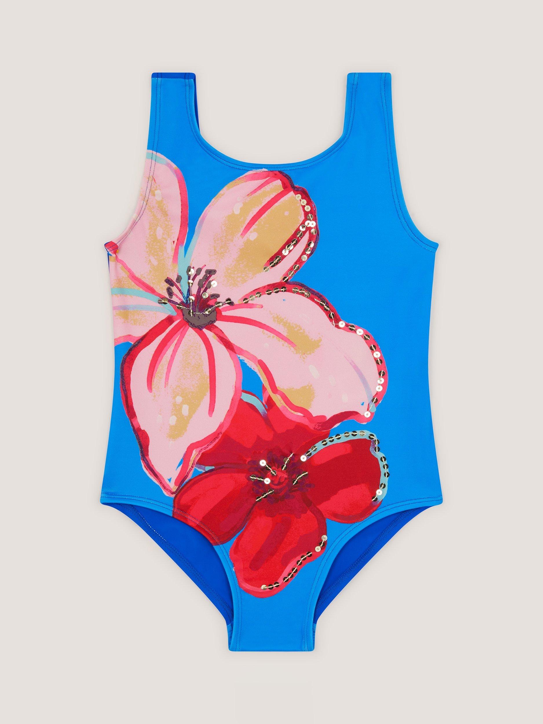 Product image 1 of 3, which shows Monsoon Kids' Flower Swimsuit, Blue, 3-4 years