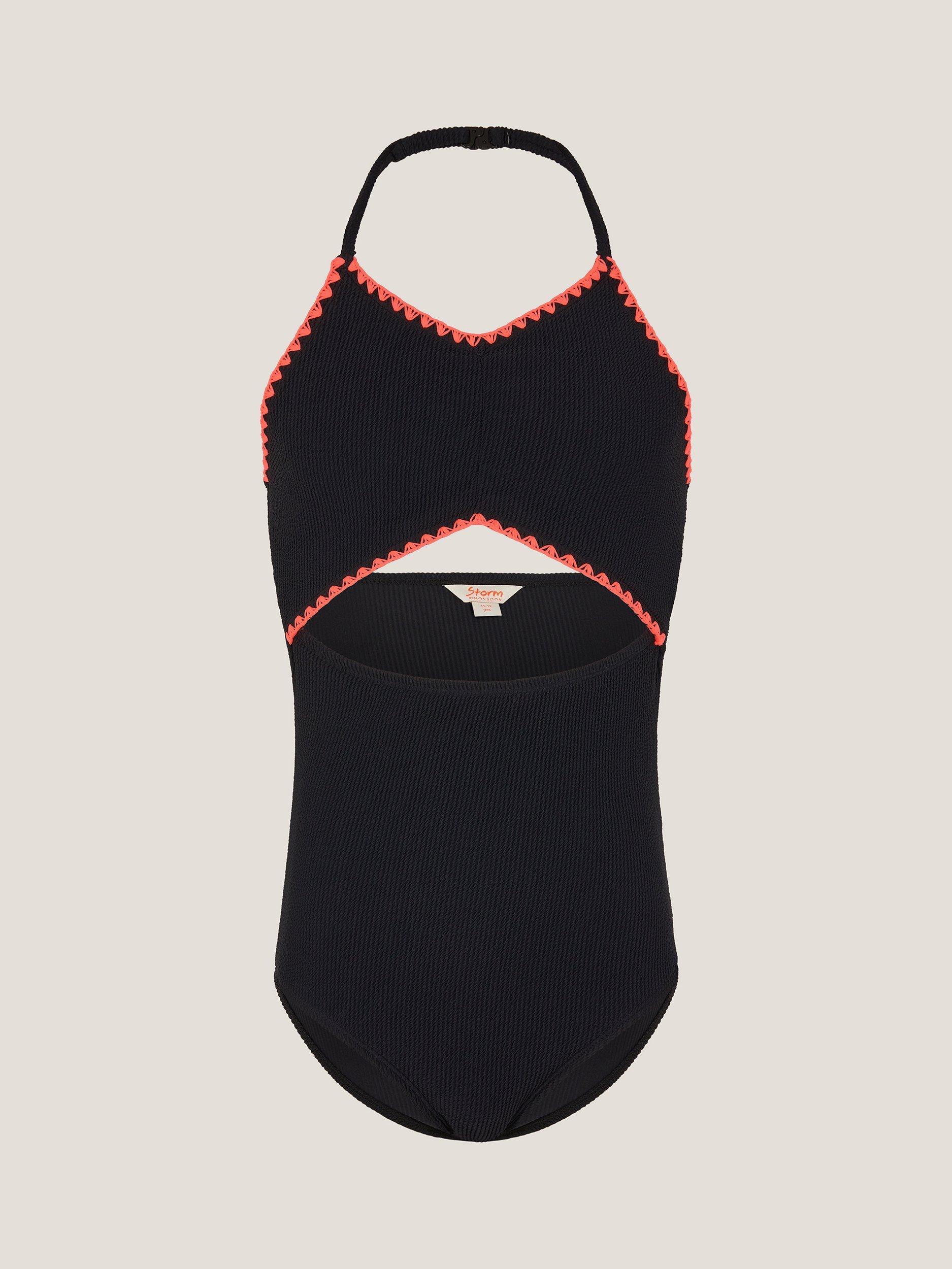Product image 1 of 3, which shows Monsoon Kids' Halterneck Swimsuit, Black, 7-8 years