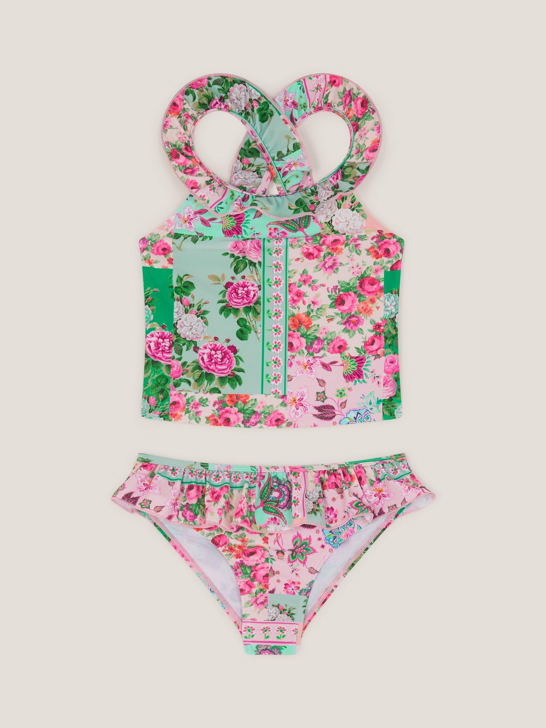 Product image 1 of 3, which shows Monsoon Kids' Patch Tankini Set, Green, 3-4 years