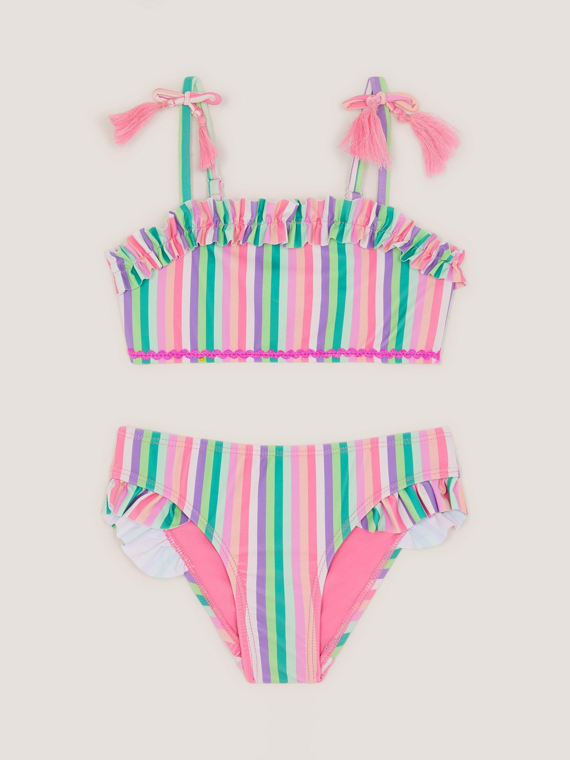 Product image 1 of 3, which shows Monsoon Kids' Stripe Frill Bikini Set, Green/Multi, 3-4 years