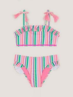 Monsoon Kids' Stripe Frill Bikini Set, Green/Multi, Green/Multi